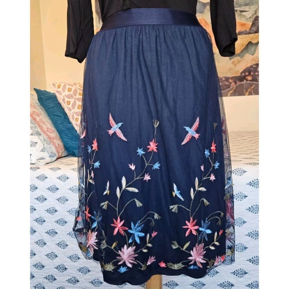 Reserved Navy Embroidered Floral Tulle Midi Skirt S - Picture 3 of 14